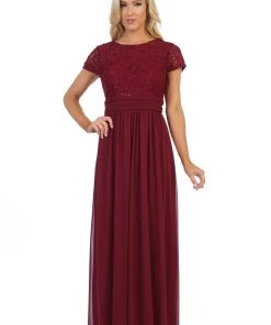 Prom Long Formal Dress With Short-Sleeved Lace Bodice By Celavie 6371