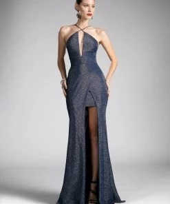 Prom Fitted Long Metallic Glitter Dress By Cinderella Divine CF279-2