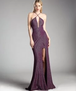 Prom Fitted Long Metallic Glitter Dress By Cinderella Divine CF279-2