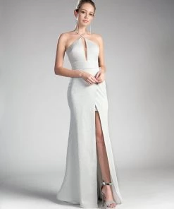 Prom Long Metallic Knit Sheath Dress By Cinderella Divine CF279-1