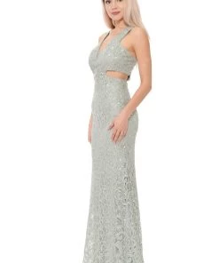 Long Formal Lace Dress With Side Cutouts By Lenovia 5170 Prom