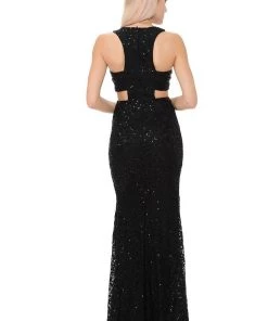 Long Formal Lace Dress With Side Cutouts By Lenovia 5170 Prom