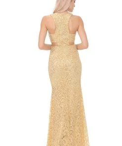 Long Formal Lace Dress With Side Cutouts By Lenovia 5170 Prom