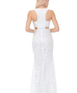 Long Formal Lace Dress With Side Cutouts By Lenovia 5170 Prom