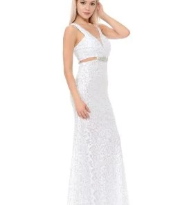 Long Formal Lace Dress With Side Cutouts By Lenovia 5170 Prom