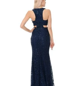 Long Formal Lace Dress With Side Cutouts By Lenovia 5170 Prom