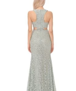 Long Formal Lace Dress With Side Cutouts By Lenovia 5170 Prom