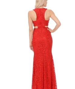 Long Formal Lace Dress With Side Cutouts By Lenovia 5170 Prom