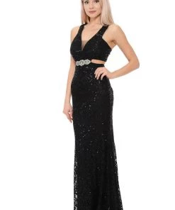 Long Formal Lace Dress With Side Cutouts By Lenovia 5170 Prom