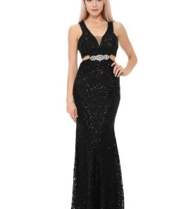 Long Formal Lace Dress With Side Cutouts By Lenovia 5170 Prom