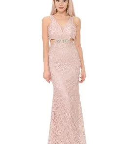 Long Formal Lace Dress With Side Cutouts By Lenovia 5170 Prom