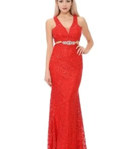 Long Formal Lace Dress With Side Cutouts By Lenovia 5170 Prom