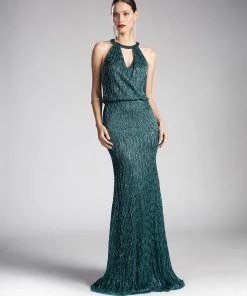 Long Metallic Halter Dress By Cinderella Divine CH557