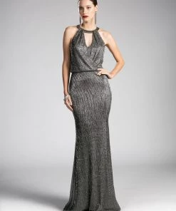 Long Metallic Halter Dress By Cinderella Divine CH557