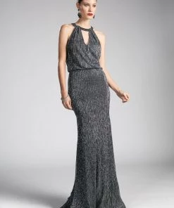 Long Metallic Halter Dress By Cinderella Divine CH557