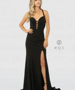 Prom Long Front Lace-Up Dress With Leg Slit By Nox Anabel M133
