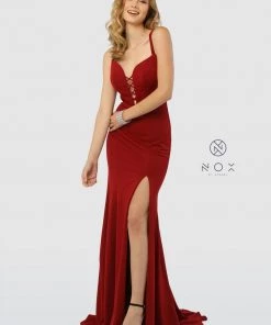 Prom Long Front Lace-Up Dress With Leg Slit By Nox Anabel M133