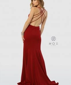Prom Long Front Lace-Up Dress With Leg Slit By Nox Anabel M133