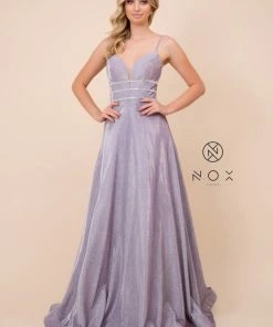Long Glitter Dress With Beaded Waistband By Nox Anabel T312 Prom