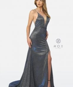Prom Long Glitter V-Neck Dress With Slit By Nox Anabel C238