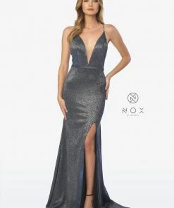 Prom Long Glitter V-Neck Dress With Slit By Nox Anabel C238