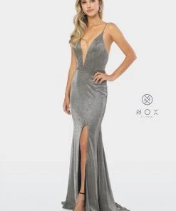 Prom Long Glitter V-Neck Dress With Slit By Nox Anabel C238