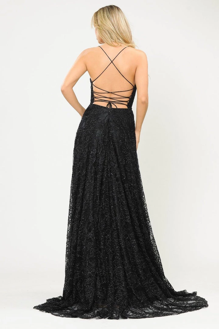 Long Glitter Lace Dress With Corset Back By Poly USA 8592 12 Long Glitter Lace Dress With Corset Back By Poly USA 8592
