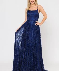 Long Glitter Lace Dress With Corset Back By Poly USA 8592