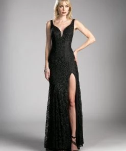 Long Glitter Lace Dress With Slit By Cinderella Divine KC1843
