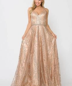 Long Glitter Mesh Dress With Corset Back By Poly USA 8450