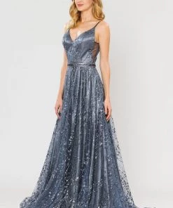 Long Glitter Mesh Dress With Corset Back By Poly USA 8450