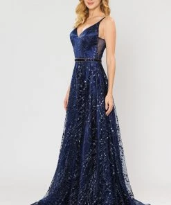 Long Glitter Mesh Dress With Corset Back By Poly USA 8450