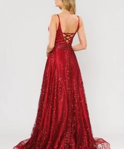 Long Glitter Mesh Dress With Corset Back By Poly USA 8450