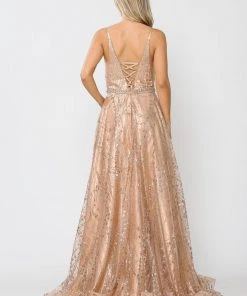 Long Glitter Mesh Dress With Corset Back By Poly USA 8450