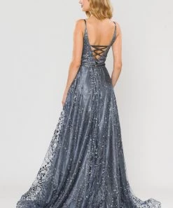 Long Glitter Mesh Dress With Corset Back By Poly USA 8450