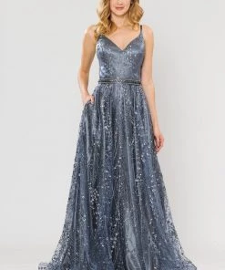 Long Glitter Mesh Dress With Corset Back By Poly USA 8450