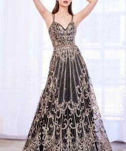 Prom Long Glitter Print V-Neck Dress By Cinderella Divine J9790
