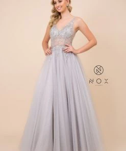 Prom Long Glitter Tulle Dress With Sheer Bodice By Nox Anabel D322