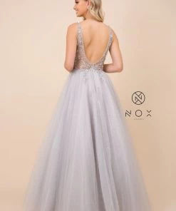 Prom Long Glitter Tulle Dress With Sheer Bodice By Nox Anabel D322