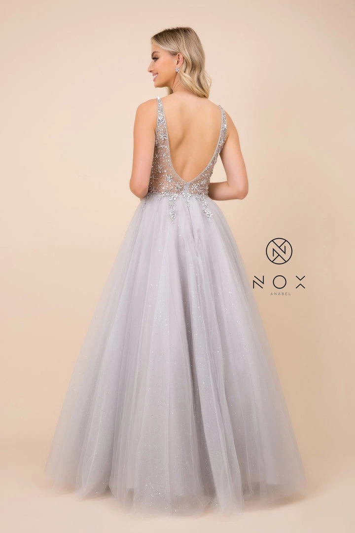 Prom Long Glitter Tulle Dress With Sheer Bodice By Nox Anabel D322 4 Prom Long Glitter Tulle Dress With Sheer Bodice By Nox Anabel D322