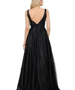 Long Glitter V-Neck Dress With Open Back By Poly USA 8338