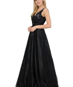 Long Glitter V-Neck Dress With Open Back By Poly USA 8338