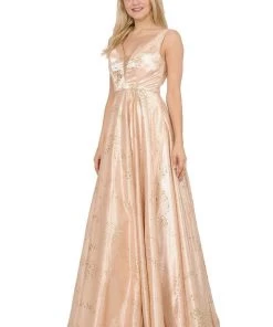 Long Glitter V-Neck Dress With Open Back By Poly USA 8338