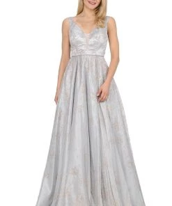 Long Glitter V-Neck Dress With Open Back By Poly USA 8338