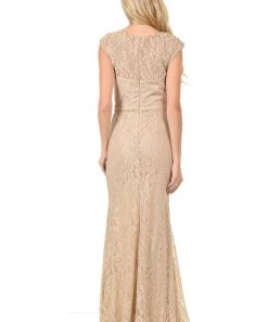 Long Gold Cap Sleeve Lace Dress With Shawl By Lenovia Prom