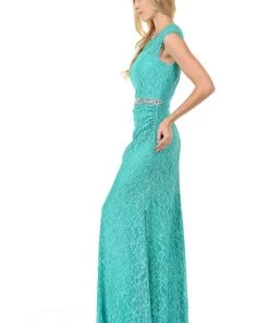 Long Gold Cap Sleeve Lace Dress With Shawl By Lenovia Prom