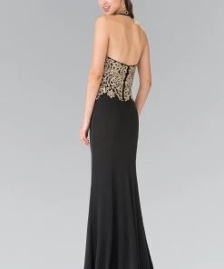Long Gold Embroidered Halter Dress By Elizabeth K GL2231 Prom