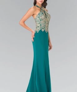 Long Gold Embroidered Halter Dress By Elizabeth K GL2231 Prom