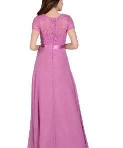 Long Gray Dress With Short-Sleeved Lace Bodice By Poly USA