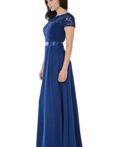 Long Gray Dress With Short-Sleeved Lace Bodice By Poly USA